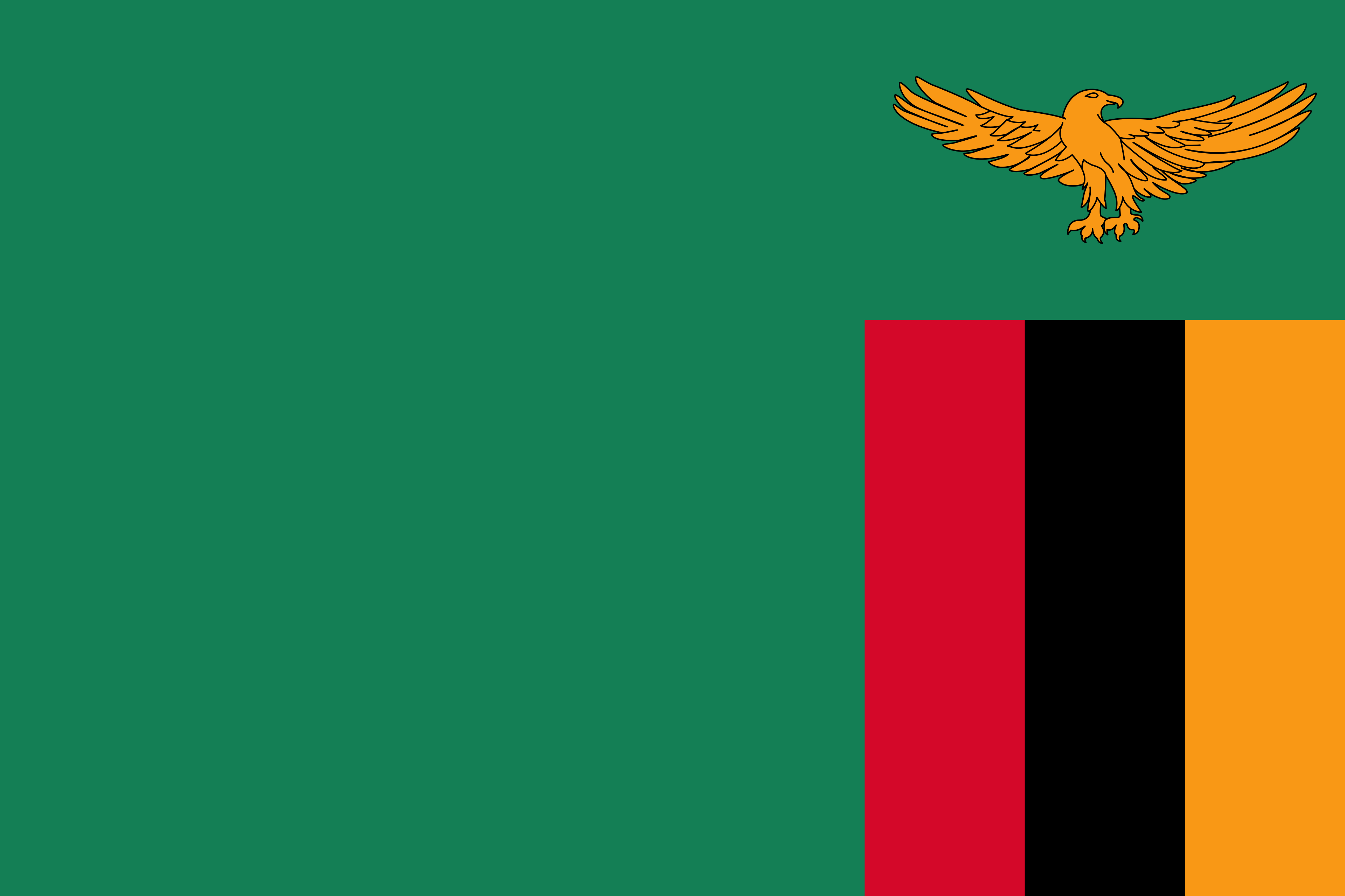 Flag of Zambia — green field with red, black and orange vertical stripes at the fly and an African Fish Eagle above