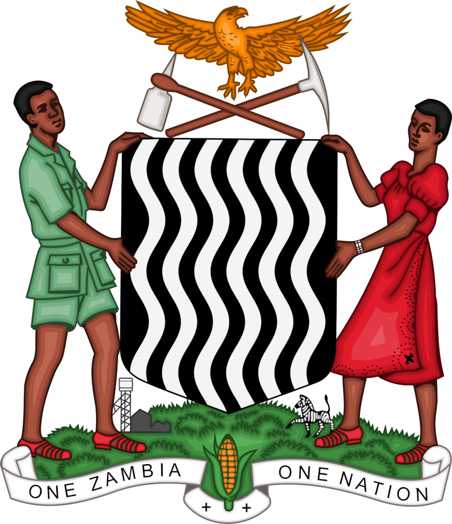 Coat of Arms of Zambia — shield with wavy black and white stripes, supported by a man and woman, crowned by the African Fish Eagle, with the motto One Zambia One Nation